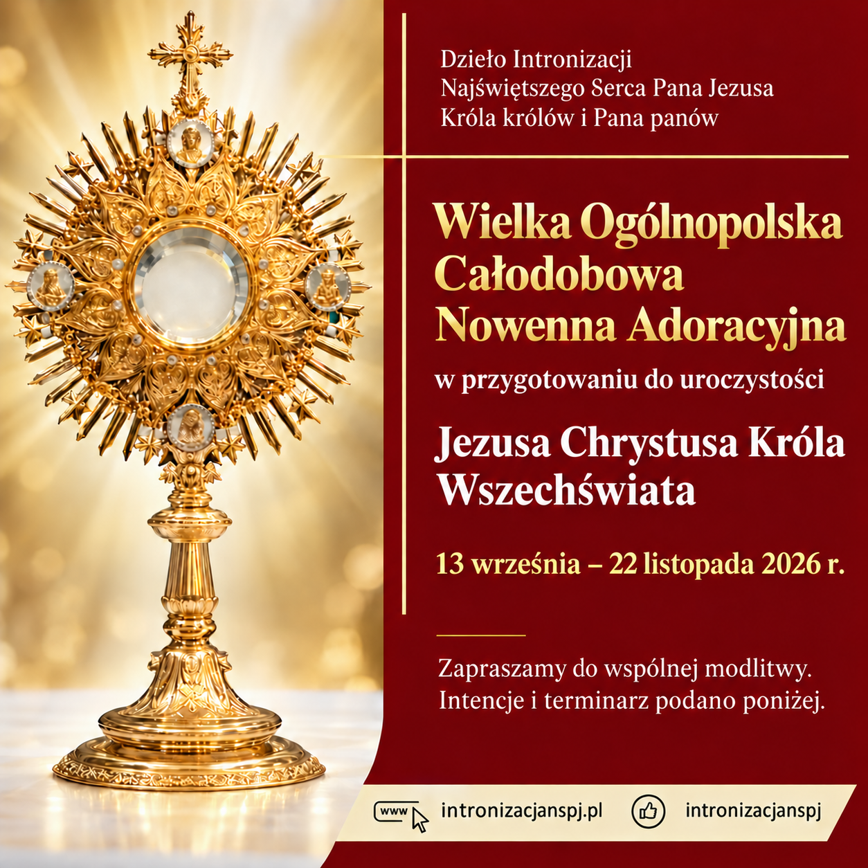 Wielka Ogólnopolska Całodobowa Nowenna Adoracyjna 13 września – 22 listopada 2026 r.